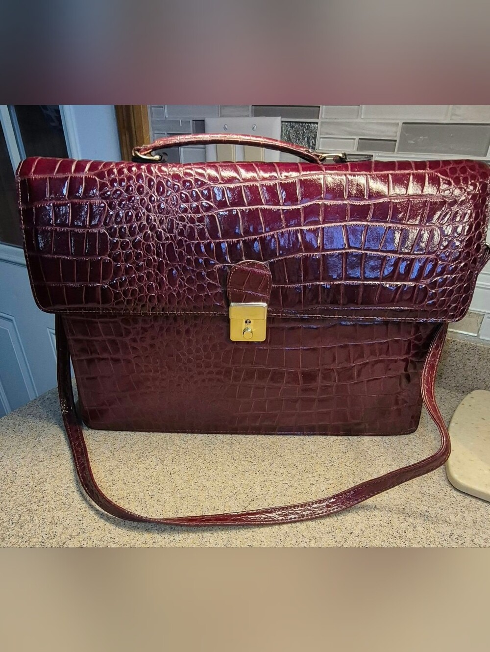 Vintage Sylvia Genuine Leather Crocodile-Embossed Burgundy Briefcase Shoulder Ba